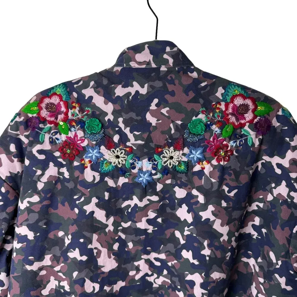 Vilagallo Anthropologie Embroidered Camo Sequin Jacket M
